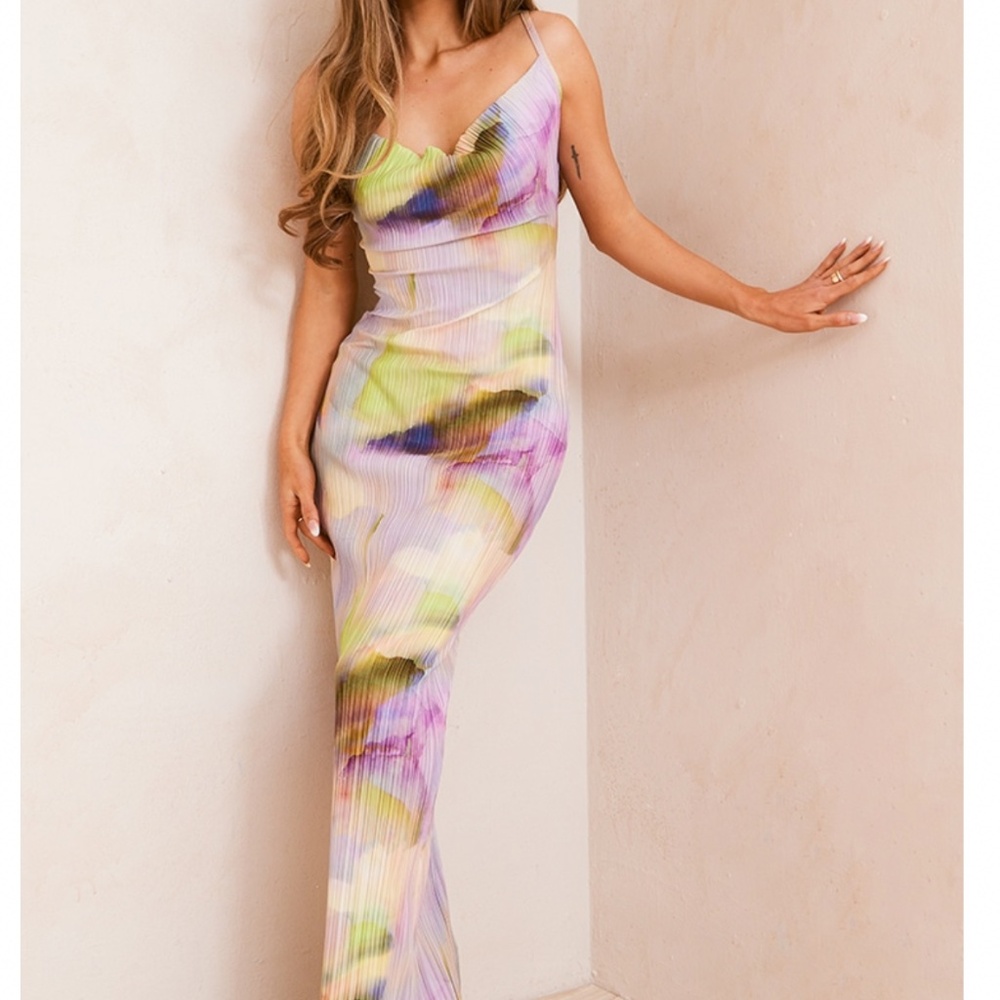 PLT Multi Watercolour Plisse Strappy Maxi Dress